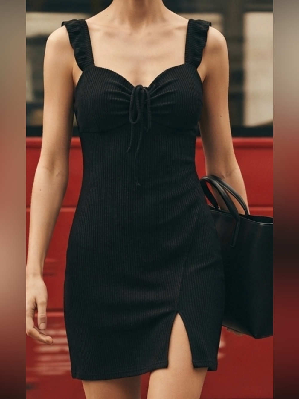 Derek Heart Black Ribbed Tie-Front Mini Dress with Slit